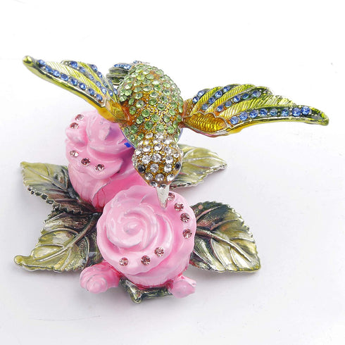 Hummingbird Figurine Hinged Trinket Box Decorative Jewelry Boxes for Ring - Hummingbird on Pink Flowers Figurine Collectibles