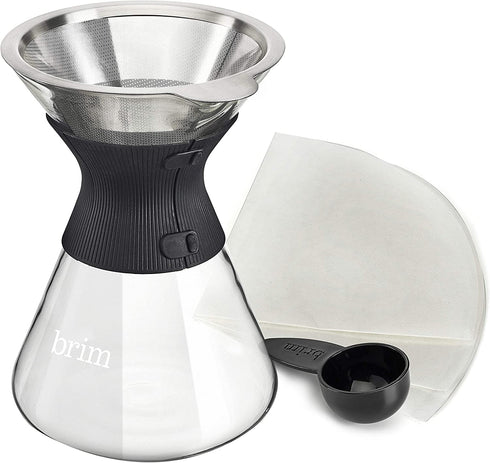 Brim 6 Cup Pour Over Coffee Maker Kit, Simply Make Rich, Full-Bodied Coffee Every Time, Set Includes Glass Carafe, SCA Measuring Scoop, Silicone Sleeve, and Healthy-Eco Reusable Filter, Black