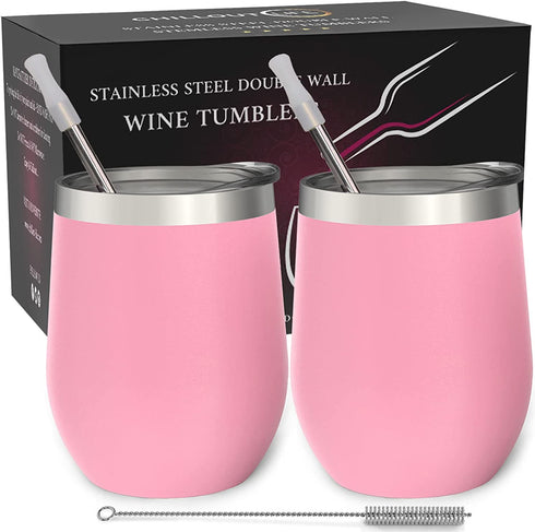 CHILLOUT LIFE Stainless Steel Wine Tumblers 2 Pack 12 oz - Double Wall Vacuum Insulated Wine Cups with Lids and Straws Set for Coffee, Wine, Cocktails (Light Pink)