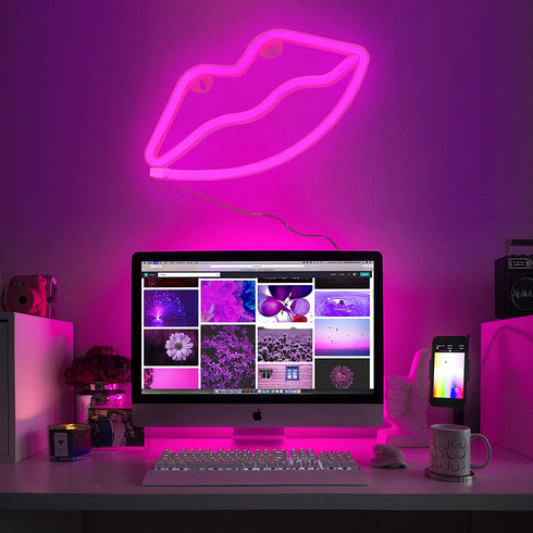 Fiee Pink Lip Shaped Neon Signs,Led Safety Art Wall Decoration Lights Neon Lights Night Table Lamp with Battery Powered/USB for Kids Gift,Baby Room,Wedding(Pink Lip)