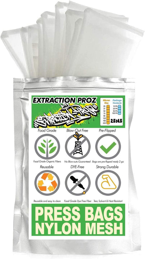 Extraction Proz 2.5 x 4.5 Inch Nylon Micron Screen Mesh Tea Filter Press Bags 25 Pack (90 Micron)