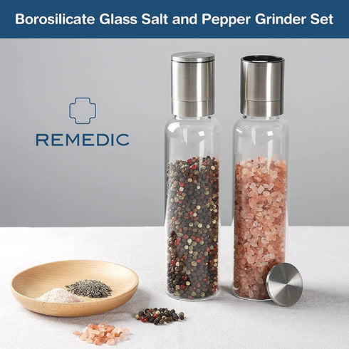 Remedic Premium Stainless Steel Salt and Pepper Grinder Set of 2 Borosilicate Glass Jar - Adjustable Coarseness Ceramic Clear Pepper Spices Shaker - Tall Grinder Mill Set Kitchen Gifts€¦