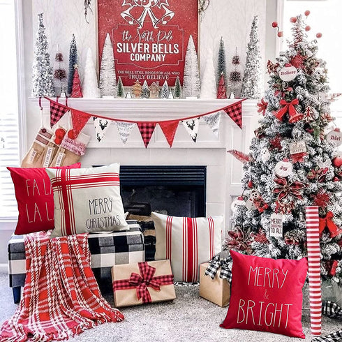 Christmas Pillow Covers 18x18 Inches Set of 4 Red Ticking Striped Merry Christmas Falala Merry&Bright Cushion Case Decoration for Sofa Couch Holiday Decor
