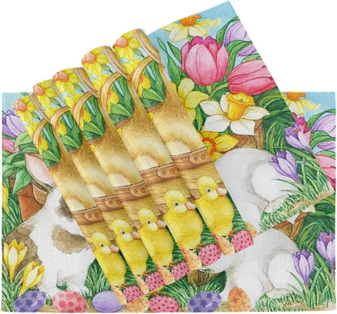 Spring Easter Placemats Set of 4 for Dining Table Egg Bunny Rabbit Tulips Washable Woven Vinyl Placemat Non-Slip Heat Resistant Kitchen Table Mats Easy to Clean