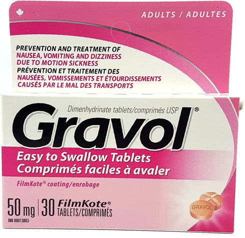Easy to Swallow GRAVOL (30 Tablets) Antinauseant for Nausea, Vomiting, Dizziness & Motion Sickness