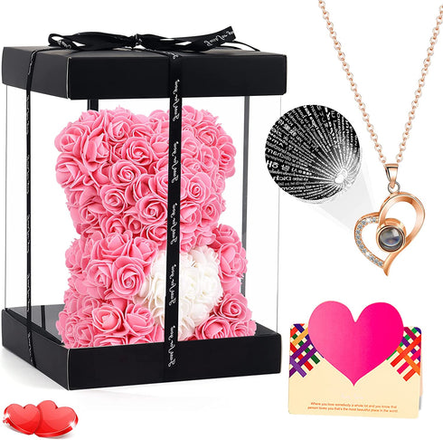 Girlfriend Gifts,Rose Bear, Rose Teddy Bear Rose Flower Bear, Gifts for Women,Unique Gifts,Girls,mom - Over 250+ Flowers on Every- 10 inch Clear Gift Box (Pink, 10)