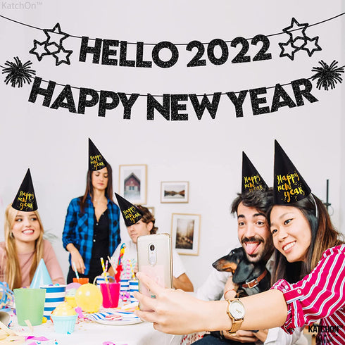 Hello 2022 Happy New Year Banner - NO DIY, Black Glitter | Happy New Year Sign for New Years Eve Party Supplies 2022 | Happy New Year Decorations 2022 | New Years Eve Banner for NYE Decorations 2022