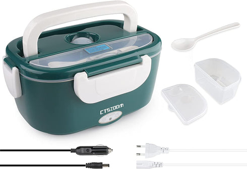 Electric Lunch Box -- Toursion Portable Food Heater 2 in 1 for Car/Truck and Work 110V&12V-24V 40W, Removable Stainless Steel Portable Food Warmer 1.5L, Spoon and 2 Compartments Included (Dark Green)