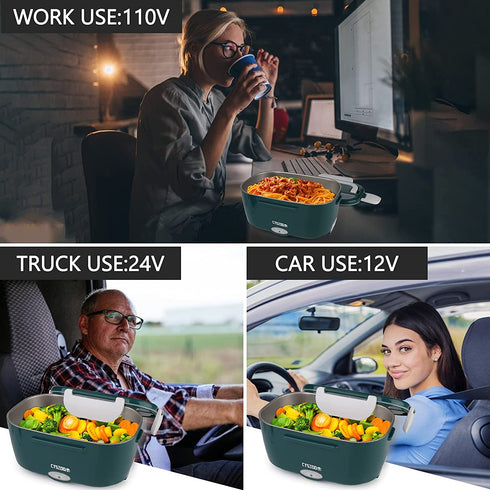 Electric Lunch Box -- Toursion Portable Food Heater 2 in 1 for Car/Truck and Work 110V&12V-24V 40W, Removable Stainless Steel Portable Food Warmer 1.5L, Spoon and 2 Compartments Included (Dark Green)