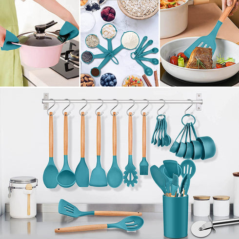 Homikit 35-Piece Kitchen Cooking Utensils Set with Holder, Non-Stick Silicone Cookware Utensils Spatula Set, Heat Resistant Kitchen Tools with Spoon Whisk Turner Tong, Wooden Handle, Navy Blue