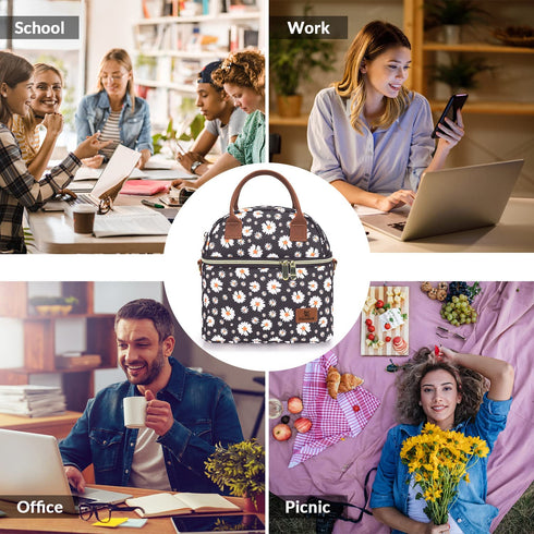 Hafmall Insulated Lunch Bag for Women, 9L Dual Deck Womens Lunch Box with Shoulder Strap, Reusable Adult Lunch Tote Bag for Work/School/Picnic, Daisy