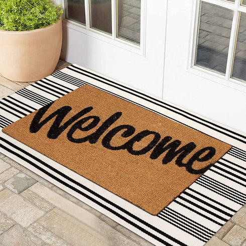 Black and White Striped Outdoor Rug Runner, 2™x4.3™ Cotton Hand-Woven Reversible Front Porch Rug Washable Front Door Mat Entryway Rug Welcome Layered Doormat Carpet for Farmhouse Kitchen Laundry Room