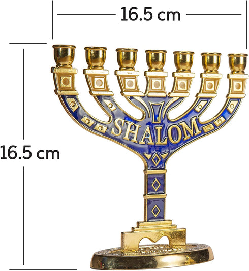 JL Kippha's Gold Jerusalem Candle Holder Decorative Judaica 7 Branch Shalom Israel Menorah Jewish Symbol 16 * 16cm
