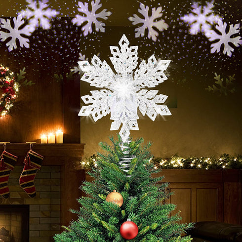 Afirst Christmas Tree Topper Lighted Snowflake with LED Rotating Snowflake Projector Lights 11.4 inches 2-in-1 Silver Glittered Xmas Tree Decoration