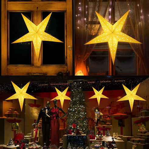 Paper Star Lantern, 8 Mode 50 LEDs Firework Fairy String Lights, Light up Hollow Out Star Hanging Decoration for Indoor Outdoor Room Wedding Christmas Party (Chic Style)