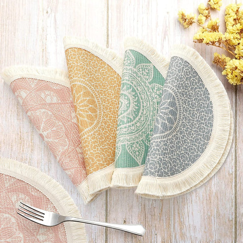 LOMOHOO Set of 4 Round Placemats 13 Inch Table Mats Boho Cotton Woven Mandala Tassels Heat Proof Washable Circle Place Mat for Kitchen Dining Wedding Farmhouse Home Decoration