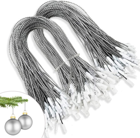 200pcs Christmas Ornaments String Hanger Silver Precut Ribbon Hook for Christmas Tree Ornament Decorations with Snap Fastener
