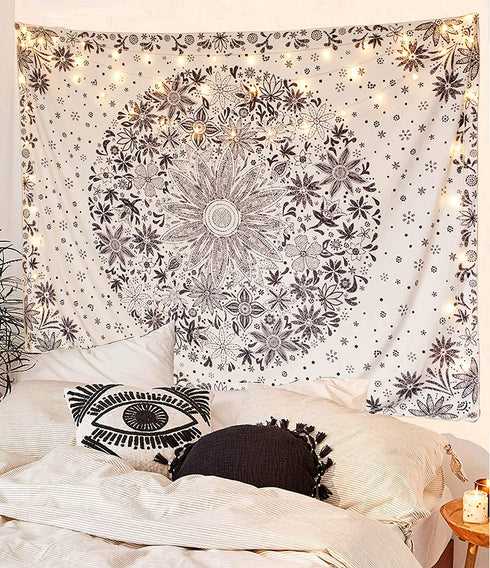 Neasow Bohemian Tapestry Wall Hanging, Beige White Floral Tapestry with Dotted Daisy Medallion Print Bedroom Boho Hippie Home Decor, 60×60 inches