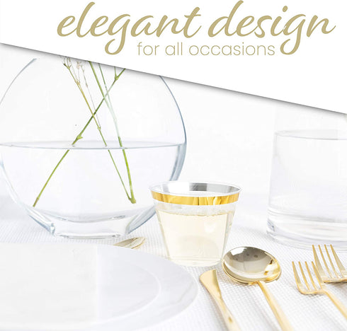 Plasticpro 9 oz Disposable Plastic Party Cups,Old fashioned Designed Tumblers, With gold Rim 100 Count, Crystal Clear