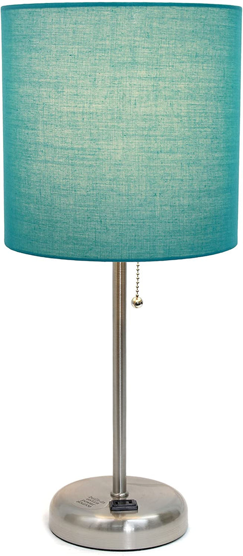 Limelights LT2024-TEL Stick Charging Outlet and Fabric Table Lamp, 19.50 x 8.50 x 8.50 inches, Brushed Steel Base/Teal Shade
