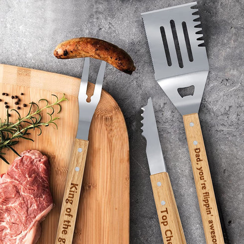 BBQ Grill Set Gift for Dad Engraved King of The Grill Summer Barbecue Christmas Housewarming Gift Set of 3