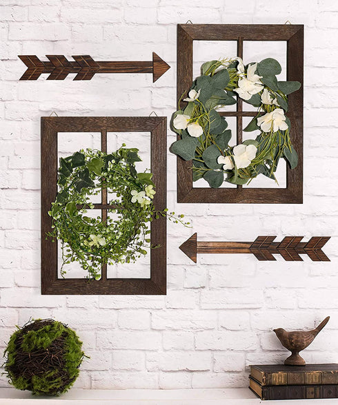 TIMEYARD Farmhouse Wall Decor Window Frame, Wooden Window Pane with Arrows Decor, Rustic Wall Art for Entryways, Living Room, Dining Room, Bedroom, Bathroom, 13in L x 2.2in W, Dark Brown, 2set