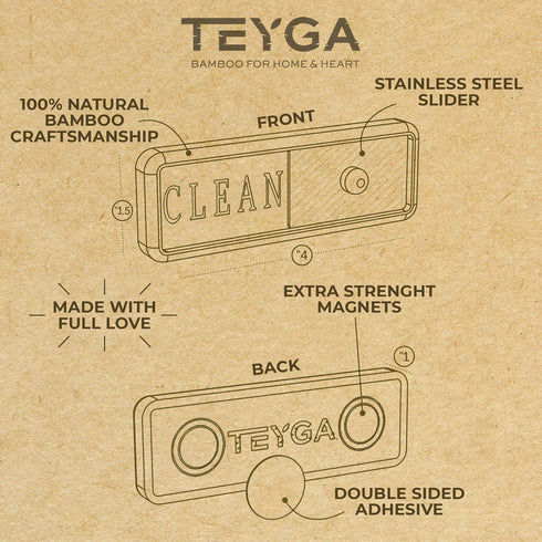 TEYGA Bamboo Dishwasher Clean Dirty Magnet Sign, with Stainless Steel Window - Dishwasher Magnet Clean Dirty, No-Scratch Strong Magnets, 2 Double-Sided Stickers, Dirty Clean Dishwasher Magnet Cover