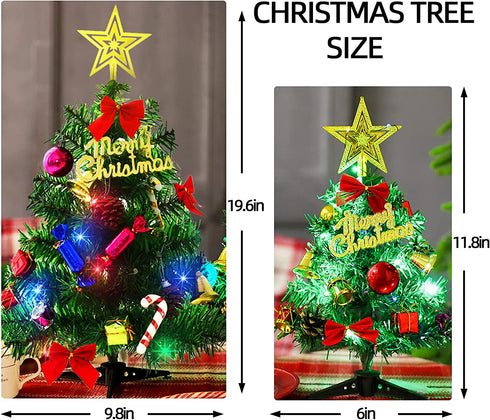 2Pc Mini Christmas Tree 20in &12in Tabletop Mini Xmas Tree Set with Lights,DIY Artificial Christmas Small Tree with Hanging Ornaments for Bedroom Dining Table Christmas Decor (A+B)