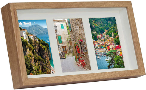 BD ART 7x14 (18 x 35 x 4.7 cm) Rustic Oak Shadow Box 3D Picture Frame with Mat for 3 Pictures 4x6 inch, Glass Front