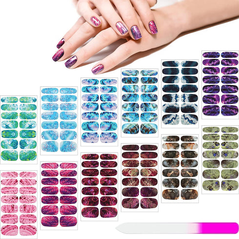 168 Pieces 12 Sheets Full Wrap Nail Polish Stickers Self Adhesive Glitter Gradient Marble Color Street Nail Decal Strips with Glass Nail File for Women Girls DIY Nail Craft (Abstract Style)