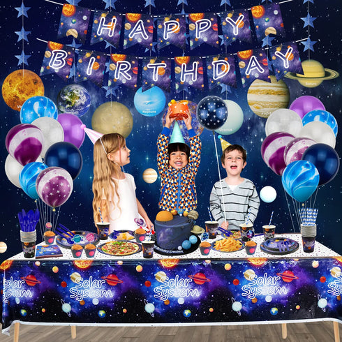 XJLANTTE Outer Space Party Supplies - Solar System Galaxy Planet Theme Happy Birthday Banner, Plates, Napkins, Cup, Straws, Knives, Fork, Spoon and Tablecloth for Boys Decorations, Serves 20 Guests