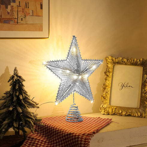Roylvan Star Tree Topper, Glitter Christmas Star Tree Top Light, Battery Powered Decorative Treetop Light Xmas Tradition Tree Ornament for Home Decor, 9.8 x 11.8 inch, Silver