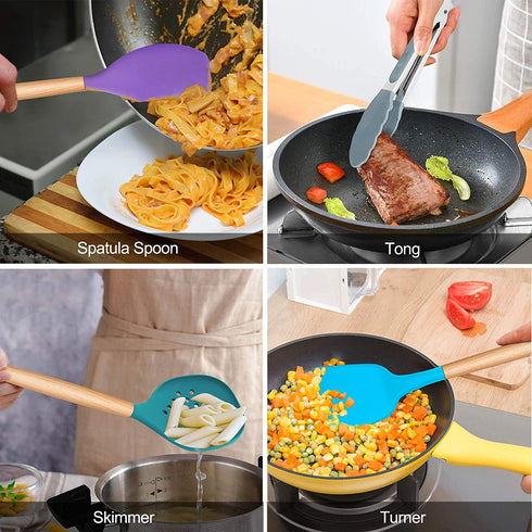 LIANYU 15-Piece Kitchen Silicone Cooking Utensils Set with Holder, Wooden Handle Kitchen Tools Include Spatula Tong Slotted Spoon Turner Whisk Brush, Colorful