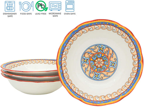 Euro Ceramica Duomo Collection Pasta Bowl Set of 4, Italian Floral Design, Multicolor, gold and cream