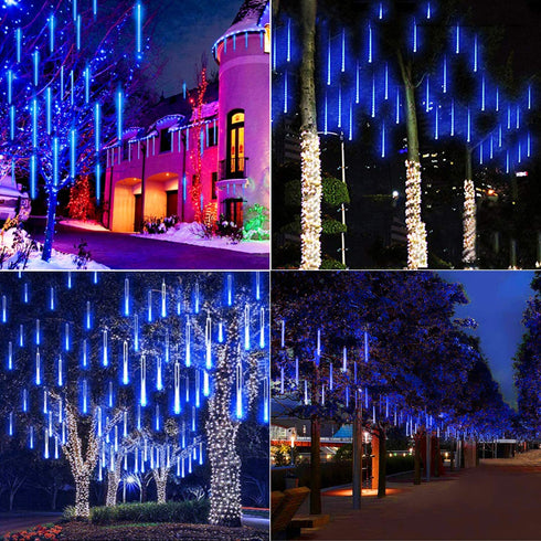 Meteor Shower Lights Outdoor, 11.8 Inch 8 Tubes 192 LED Snowfall Lights, Waterproof Meteor Christmas Lights, Hanging Falling Rain Lights for Tree Bushes Holiday Party Christmas Decoration, Blue