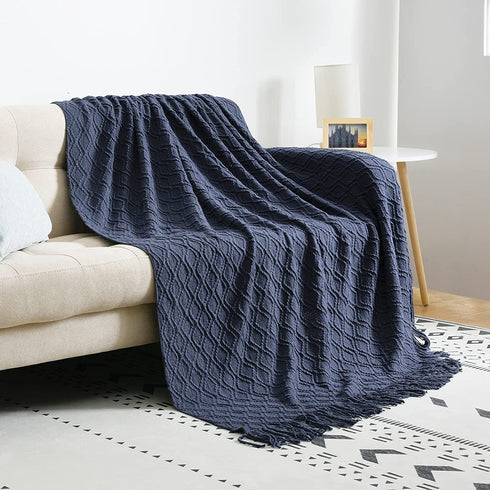 PHF Acrylic Knit Throw Blanket 50 x 60 inches, Lightweight Soft Cozy Decorative Woven Blanket with Tassels for Couch, Bed, Sofa, Chair, Home Travel, Suitable for All Seasons, Navy