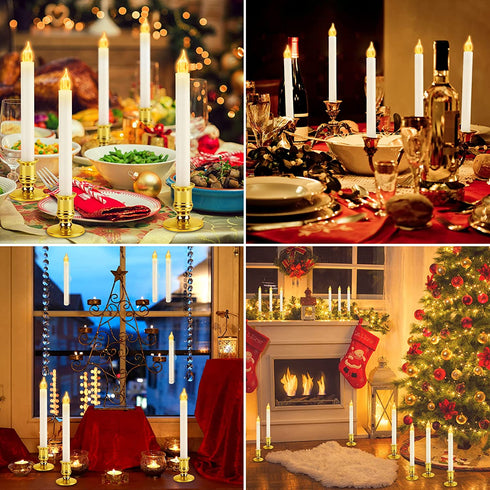 LVJING Window Candle Lights - Set of 6 Flameless Taper Candles with Gold Bases, Battery Operated, Timer Setting, 2 Remote Control, Christmas Valentine's Day Festival Decorations