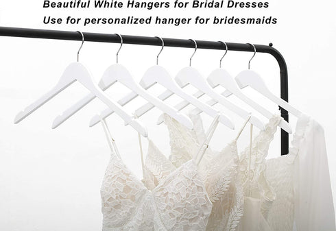 Premium Solid Wood Bridal Wedding Dress Hangers, Beautiful Wooden Shirt Suit Coat Jacket Clothes Hangers-360° Strong Swivel Hook-Extra Smooth Finish-Smoothly Cut Notches-10 Pack- White Color LM01B
