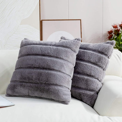 Cozy Bliss Set of 2 Faux Fur Fleece Throw Pillow Covers Luxury Super Soft Plush, Striped Cushion Cover Textured Decorative Pillowcases for Sofa Couch Bed Chair Car (Grey, 20"x20")