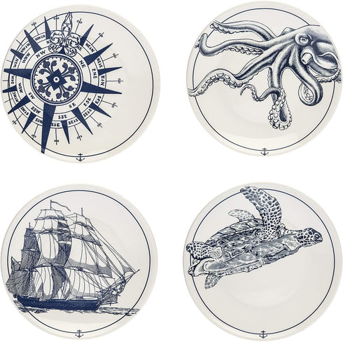 Godinger Dessert, Appetizer, Salad Plates, Blue Coastal Design 6?, Set of 4