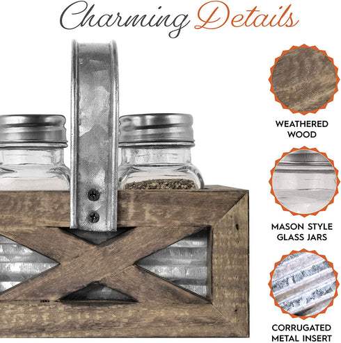 Autumn Alley Barn Door Rustic Salt and Pepper Shakers Set in Wood and Galvanized Caddy | Farmhouse Salt and Pepper Shakers For Rustic Kitchen Decor | Rustic Kitchen Accessory for your Country Kitchen