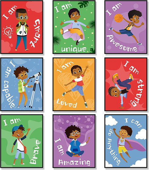 Set of 9 Boys Room Bedroom Decor Black Boy Wall Decoration Art Decor Motivational Black Boy Posters Wall Decorations Motivational Wall Decor Art for Tween Boys Room (Unframed, 8 x 10 Inch)