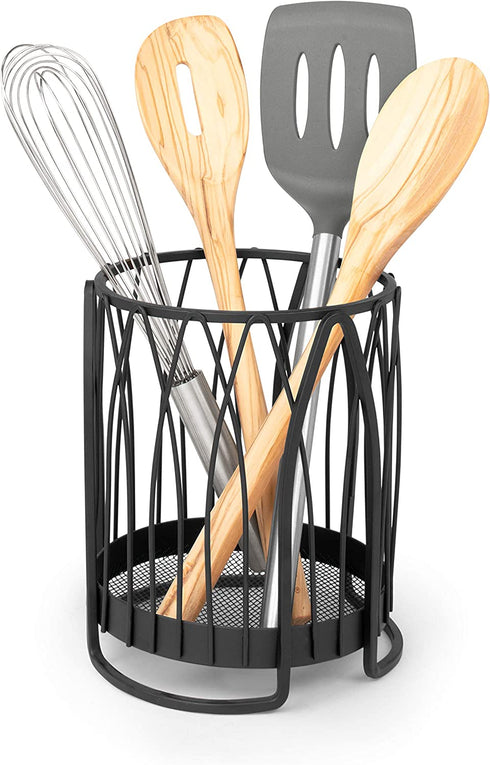 Spectrum Diversified Twist Round Holder & Kitchen Countertop Organizer Cooking Utensil Crock for Kitchen Organization & Storage, Cutlery & Flatware Caddy, Black