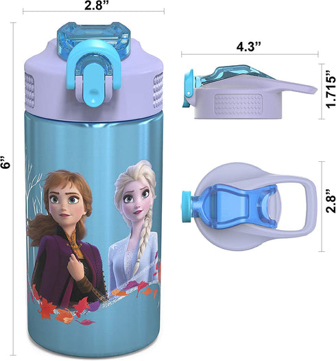 Zak Designs Disney Frozen 2 Kids Water Bottle Set with Reusable Straws and Built in Carrying Loops, Made of Durable Stainless Steel & Plastic, Leak-Proof Bottle Design (Elsa/Anna, BPA-Free, 2pc Set)