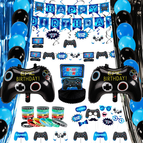 Decorlife Gamer Birthday Decorations, Video Game Birthday Party Decorations for Boys, 24PCS Wristbands, Foil Curtains, Photo Booth Props Included, Blue, Total 99PCS