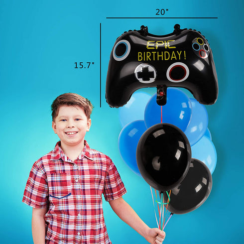 Decorlife Gamer Birthday Decorations, Video Game Birthday Party Decorations for Boys, 24PCS Wristbands, Foil Curtains, Photo Booth Props Included, Blue, Total 99PCS