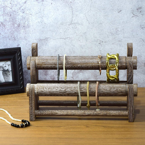 Ikee Design Wooden 2-Tier Bar Bracelet Bangle Jewelry Holder Stand Display Organizer, Wood Bracelet Bangle Holder, Coffee Color, 11.75"W x 5.37"D x 8"H