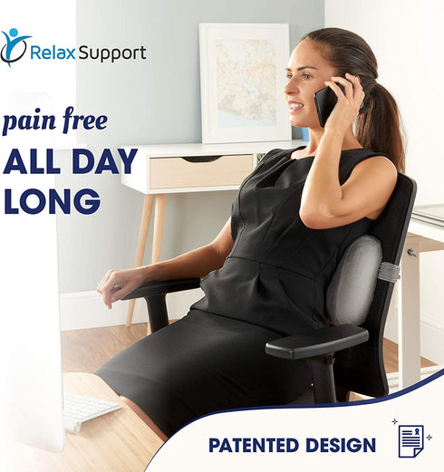 RELAX SUPPORT Office Chair Back Support Pillow RS11-X Lumbar Cushion for Upper and Lower Back Pain Uses Special Patented Technology Has Unique Lateral Convex Orthopedic Shape for a Pain Free Back