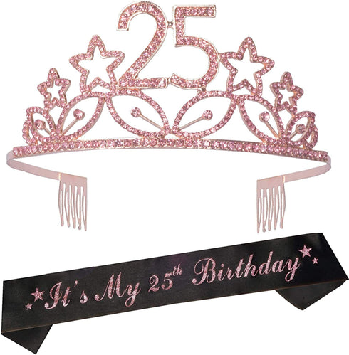 25th Birthday Gifts for Women, 25th Birthday Tiara and Sash, Happy 25th Birthday Party Supplies, It™s My 25th Birthday Sash and Tiara Birthday Crown for 25th Birthday Party Supplies and Decorations