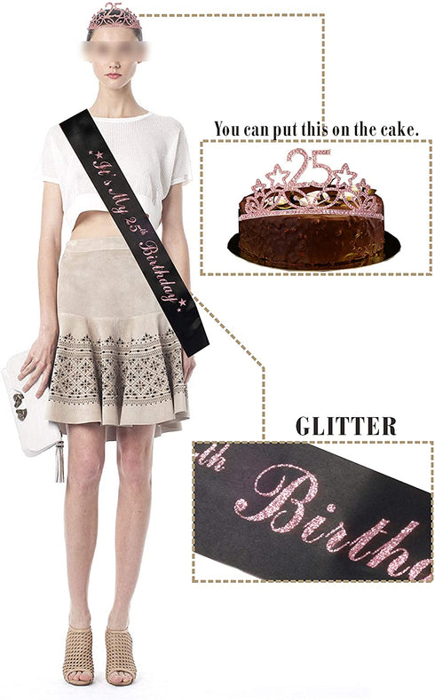 25th Birthday Gifts for Women, 25th Birthday Tiara and Sash, Happy 25th Birthday Party Supplies, It™s My 25th Birthday Sash and Tiara Birthday Crown for 25th Birthday Party Supplies and Decorations